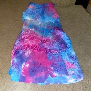 Long blue  pink & white tied dyed hippie skirt.size XL